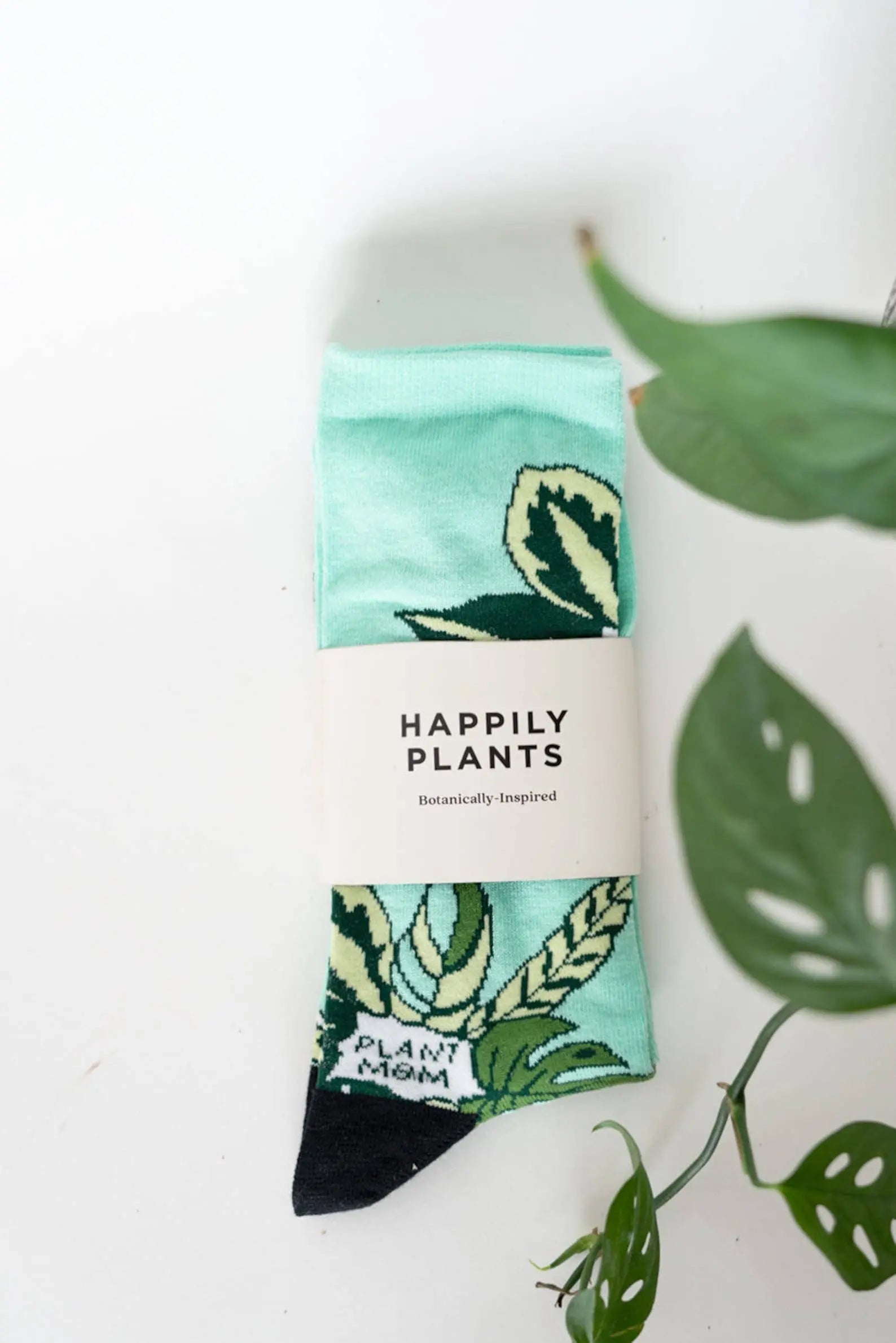 Teal Plant Mom Cotton Crew Socks, Plant Lover Happily Plants