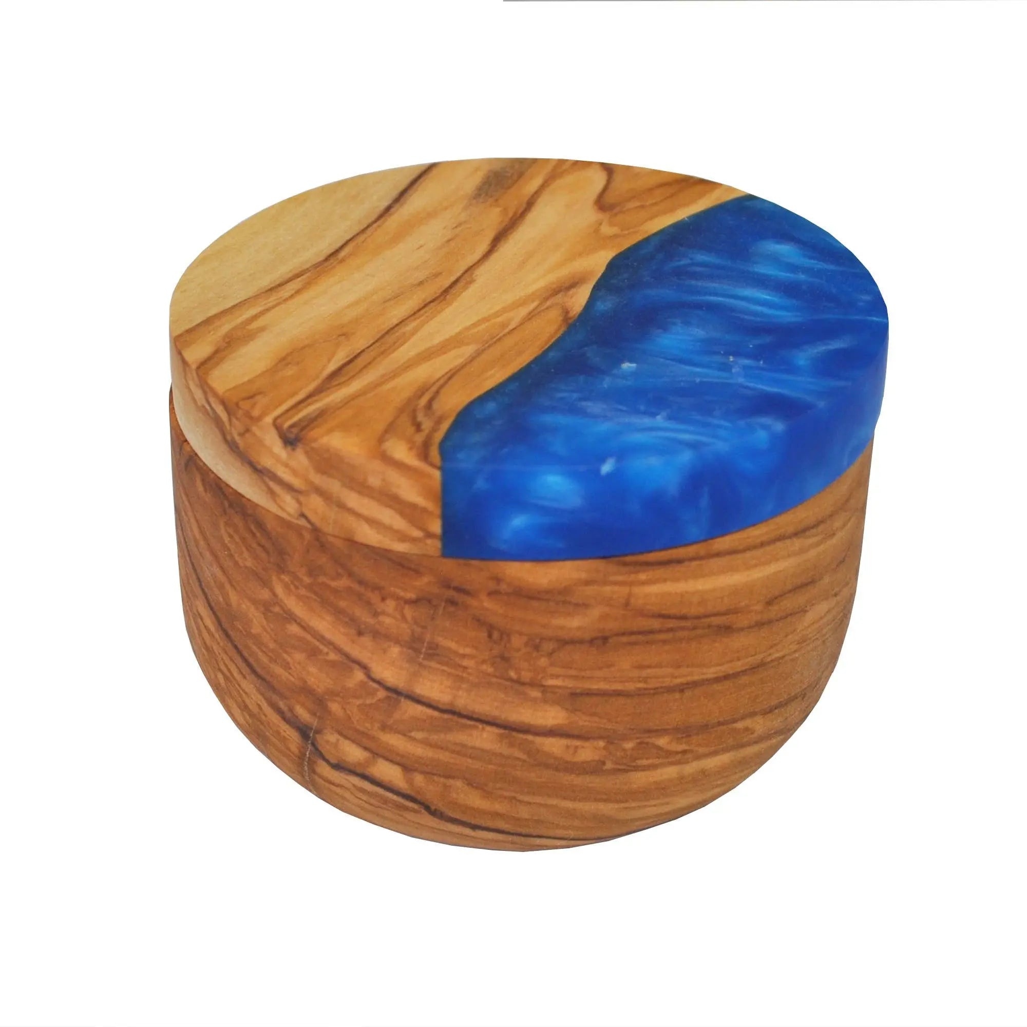 Olive Wood Salt Cellar With Blue Swirl Resin Lid Naturally Med Inc.