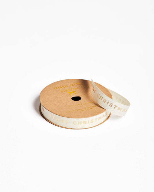 Merry Christmas Cream Grosgrain Ribbon with Gold Foil Abigail Jayne Design