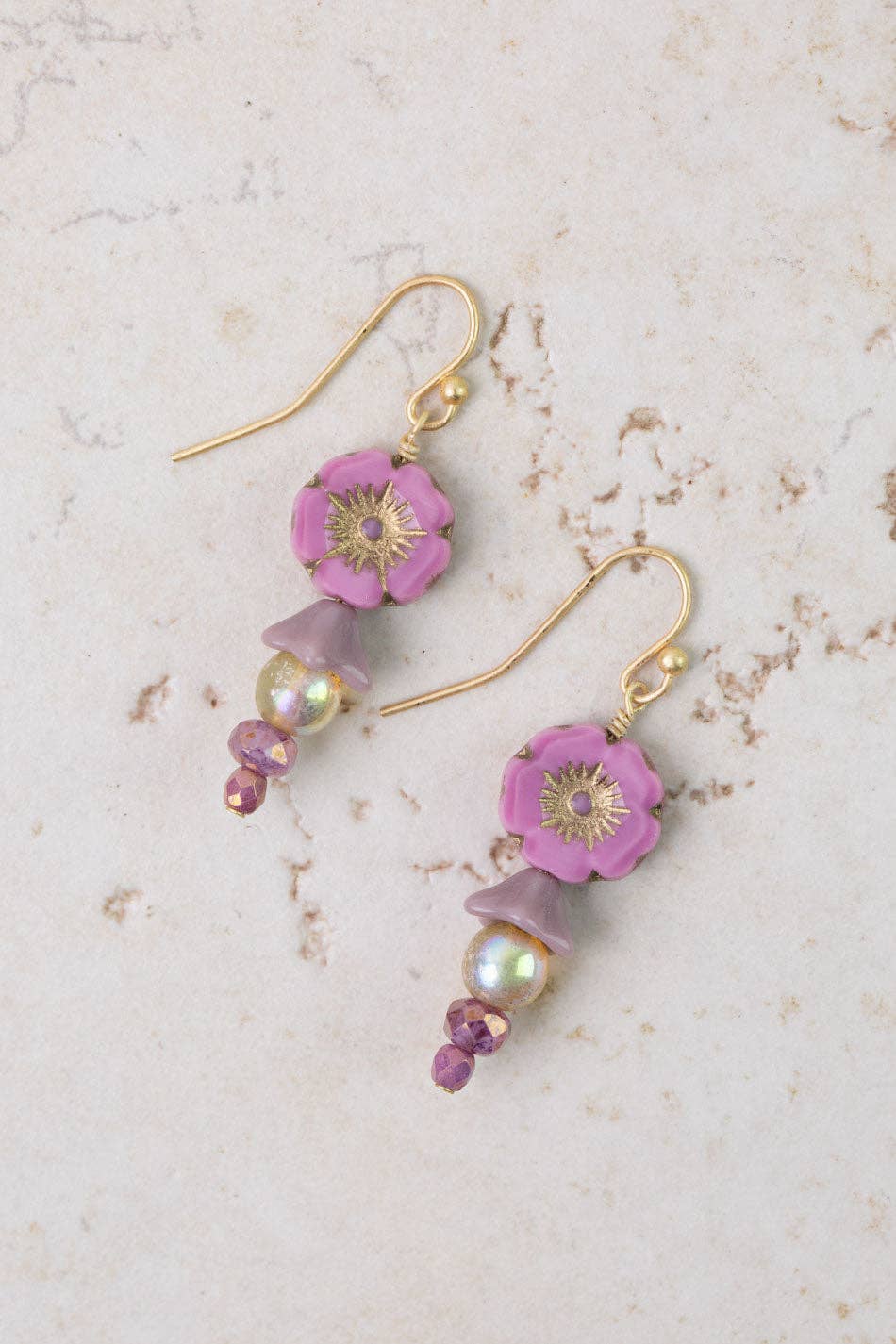 Czech Glass Pink Flower Simple Earrings