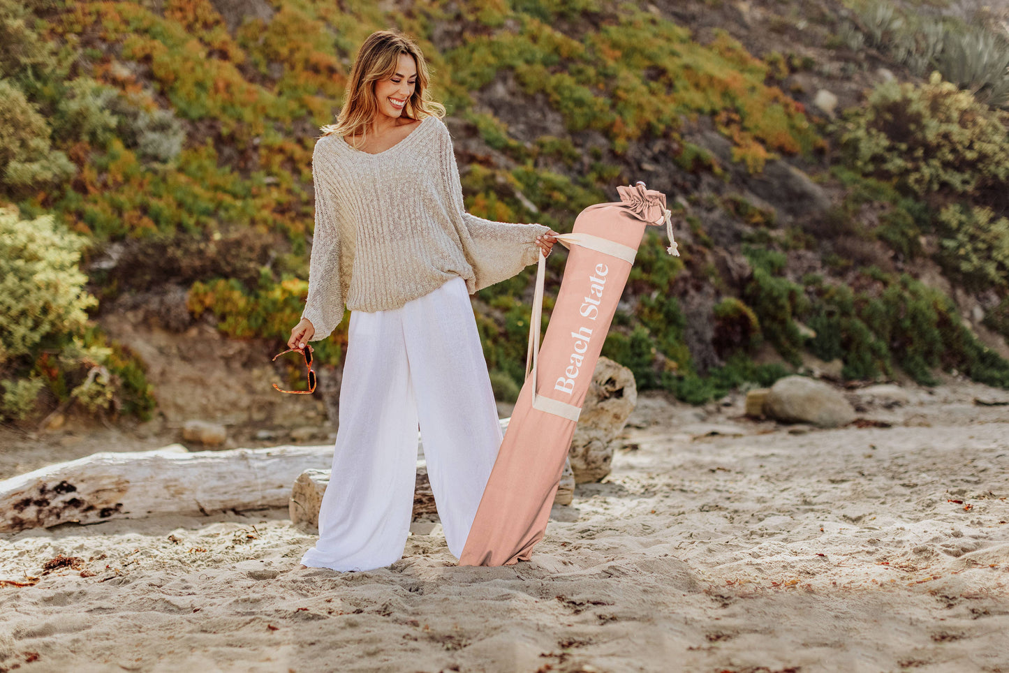 Beach State Summerland Beach Umbrella - Pink Salt Stripe