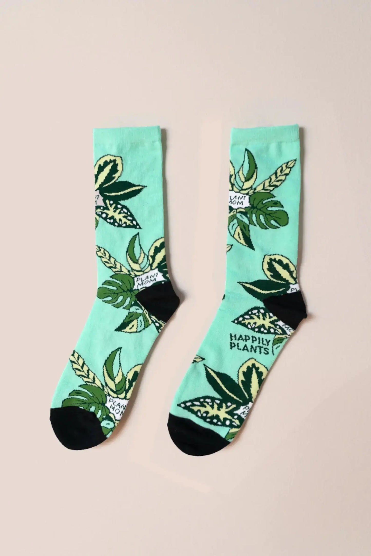 Teal Plant Mom Cotton Crew Socks, Plant Lover Happily Plants