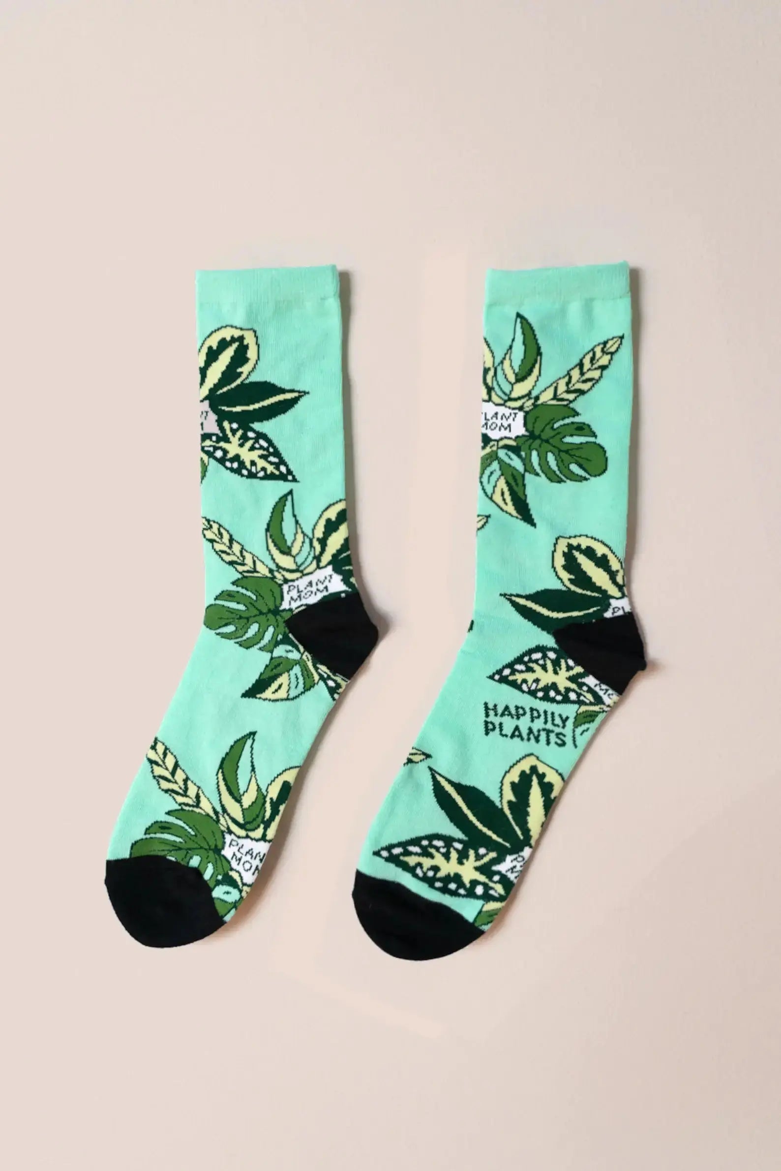 Teal Plant Mom Cotton Crew Socks, Plant Lover Happily Plants