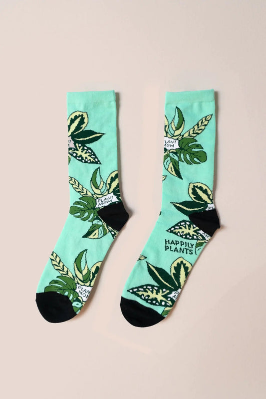 Teal Plant Mom Cotton Crew Socks, Plant Lover Happily Plants