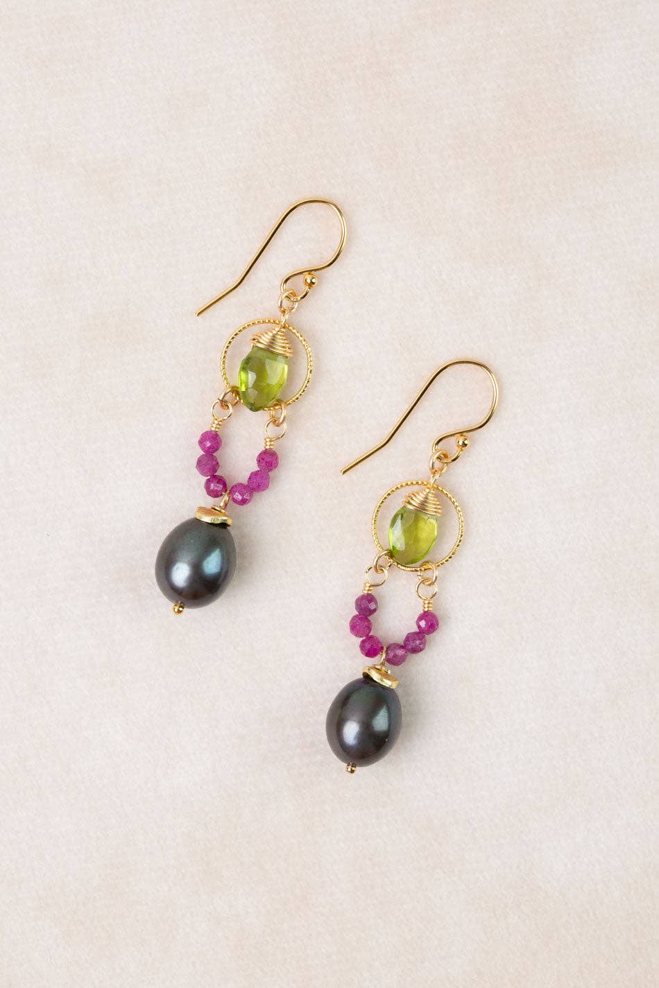 Persephone Ruby, Freshwater Pearl, Peridot Dangle Earrings
