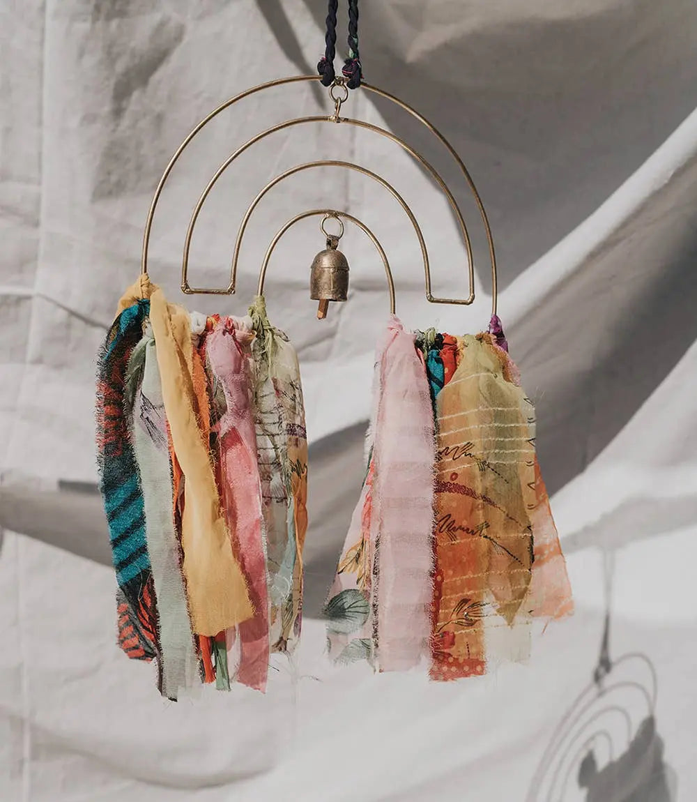 Swapna Rainbow Bell Wind Chime Upcycled Sari - Handmade Matr Boomie Fair Trade