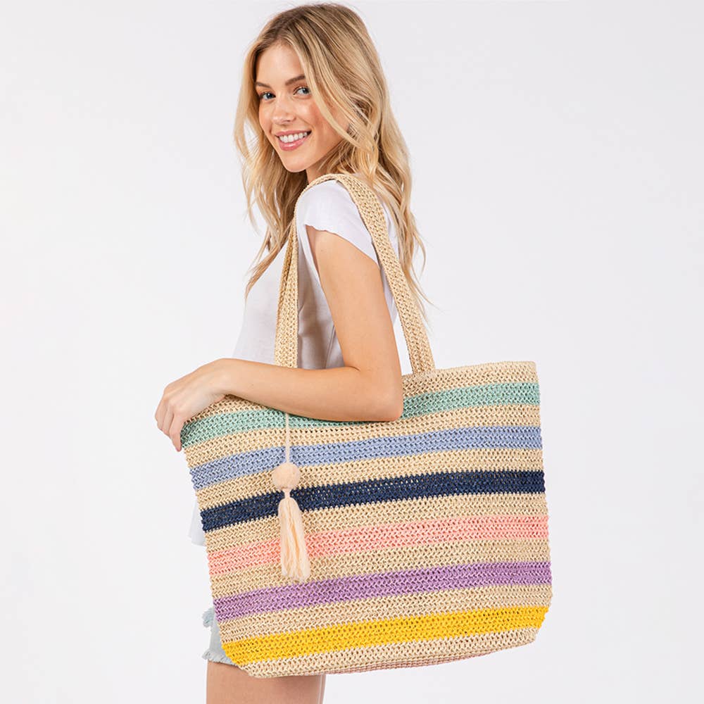 Pom Pom Tassel Multi Color Straw Crochet Tote Bag Beach Bag Sensibling Corp.