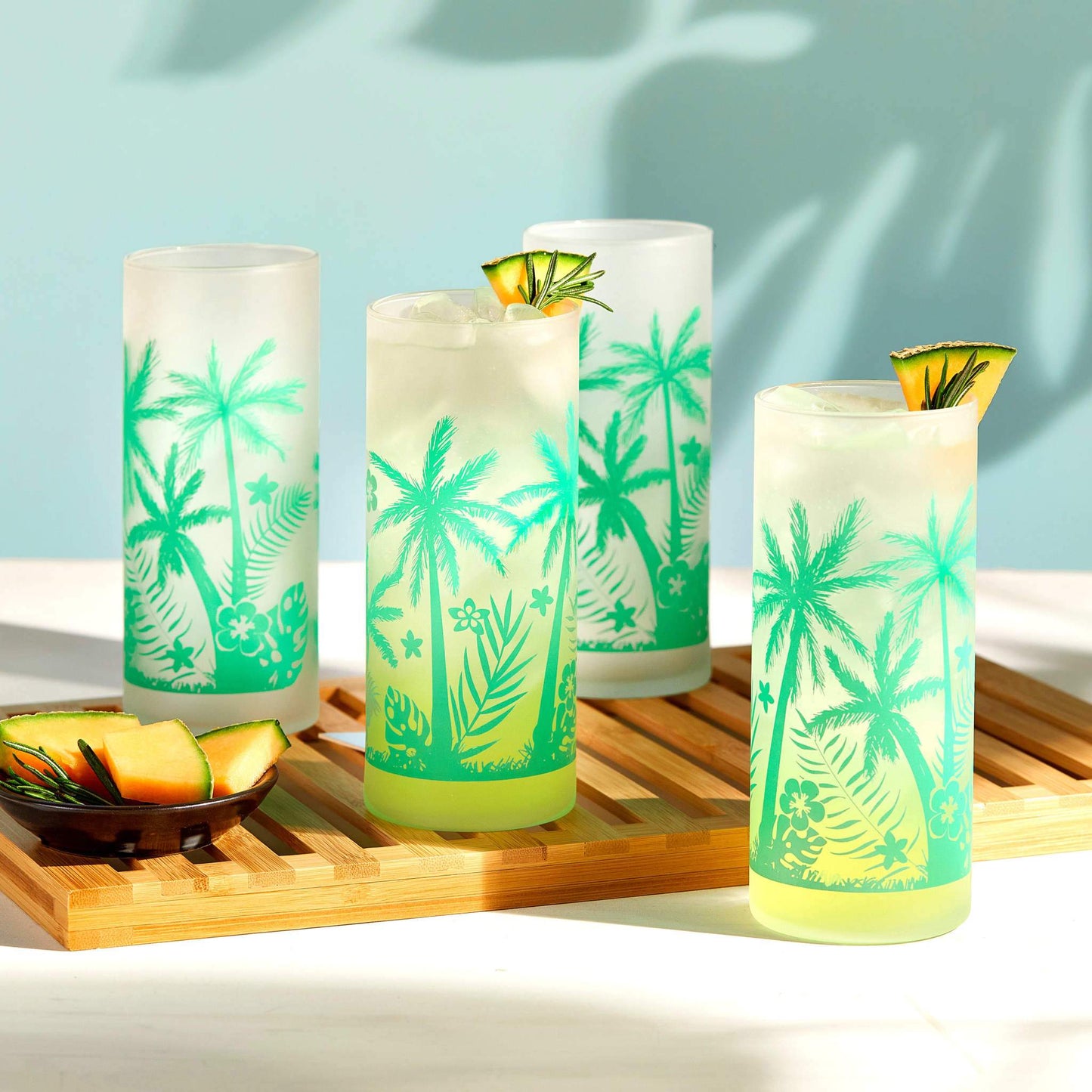 Palm Trees Cooler Glasses, 16oz, Set of 4