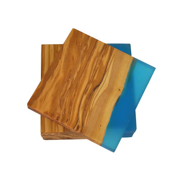 Olive Wood Coasters with Blue Resin Edge - Set of 4 Naturally Med Inc.