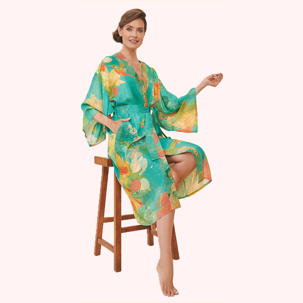 Hummingbird Kimono Gown in Aqua