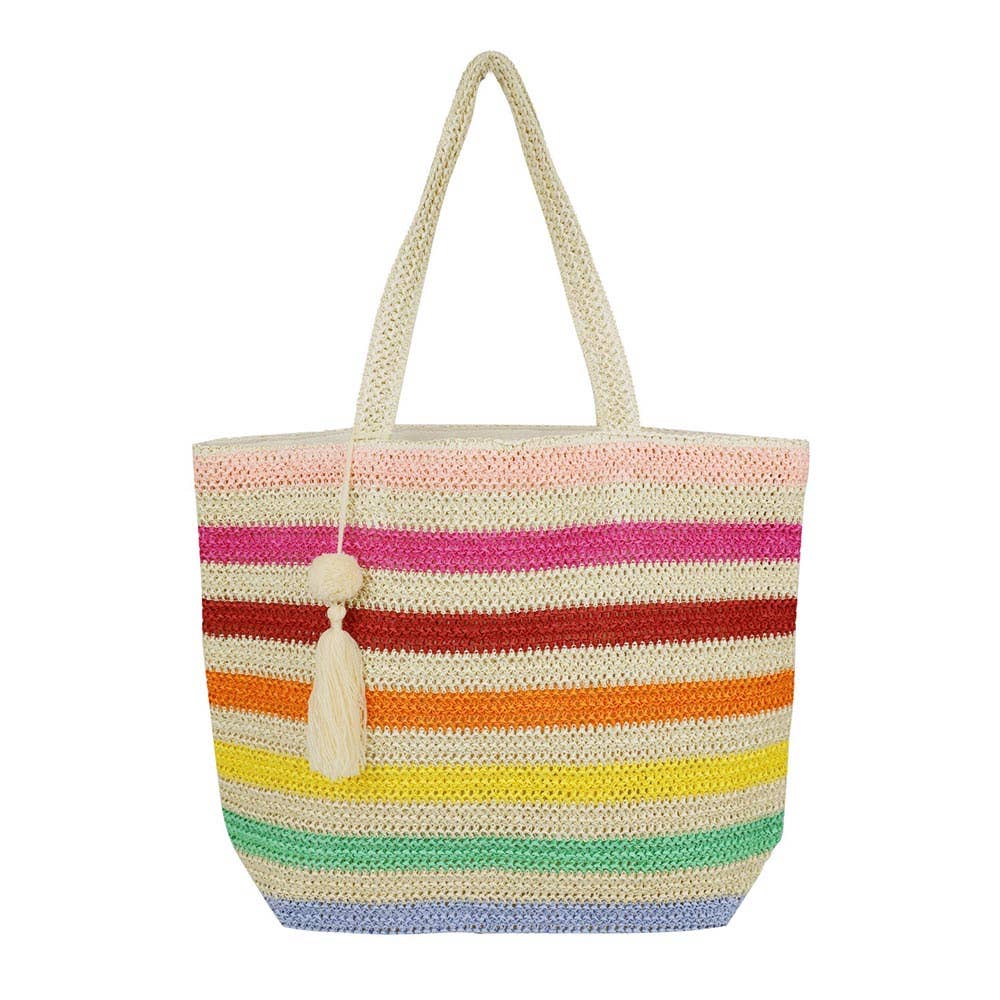 Pom Pom Tassel Multi Color Straw Crochet Tote Bag Beach Bag Sensibling Corp.
