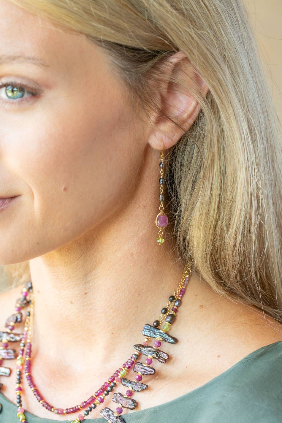 Persephone Ruby, Freshwater Pearl, Peridot Herringbone Earrings