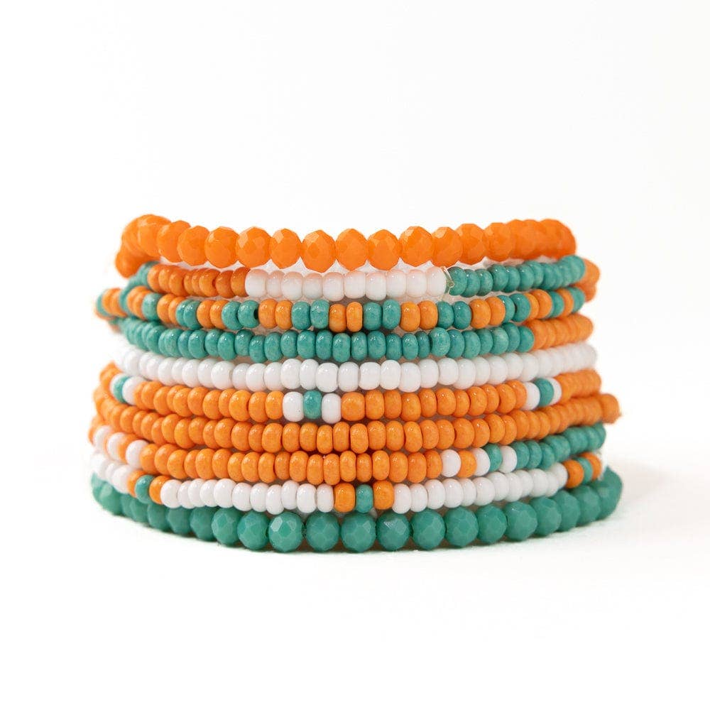 Game Day Color Block Beaded 10 Strand Stretch Bracelet Set Aqua and Orange