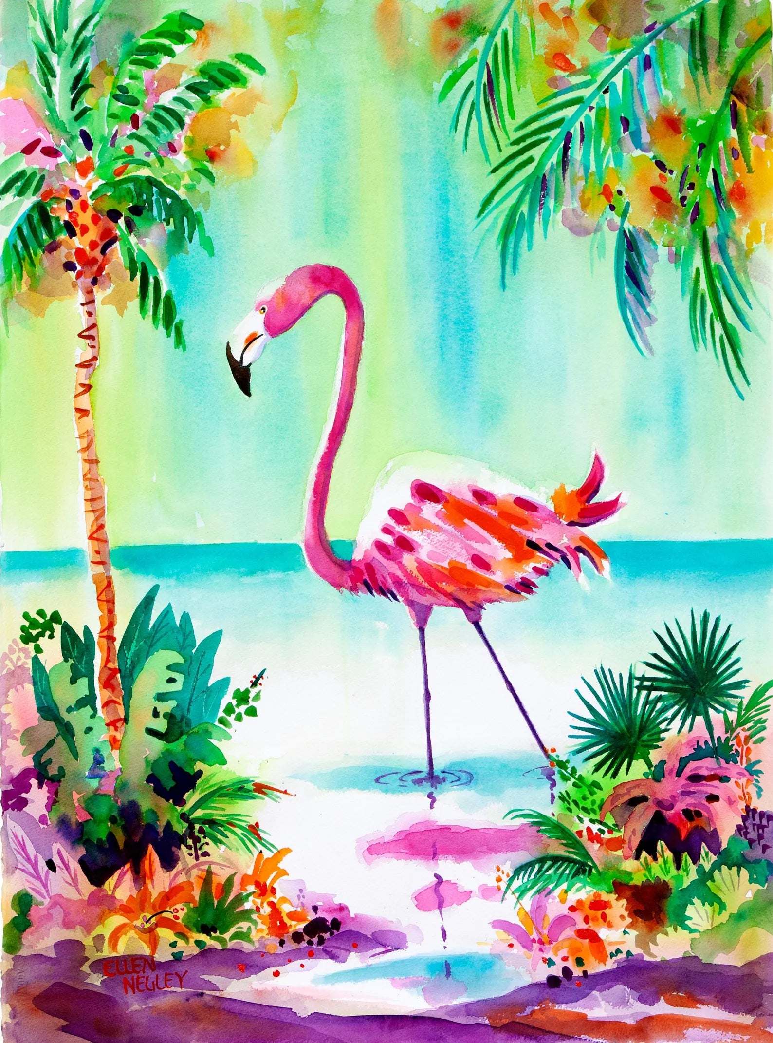 Flamingo Lagoon 16 x 20 Matted Ellen Negley Watercolors